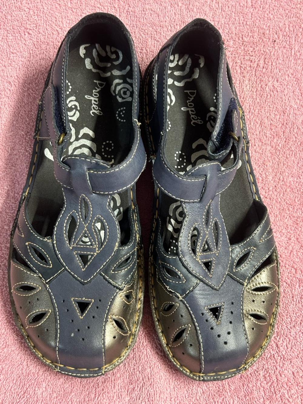 Propet Navy and Black Leather Cutout Comfort Sandals